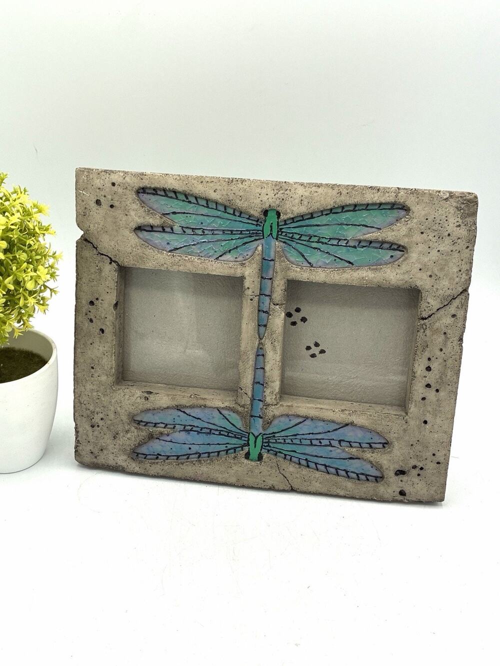 Dragonfly Double Photo Frame, Faux Stone Resin, 9x8